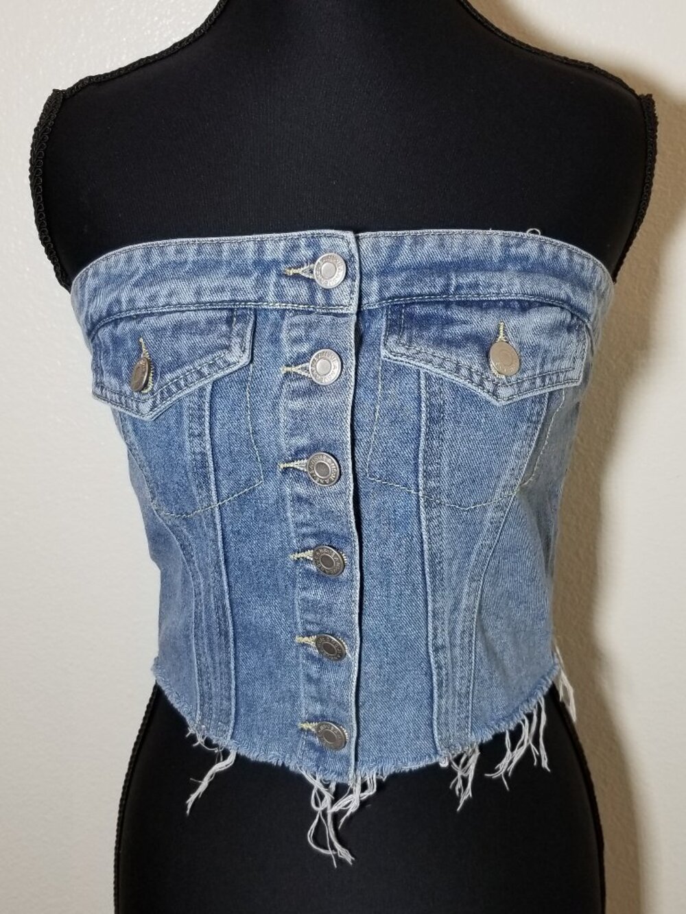 Commense Womens Small Blue Denim Tube Top Cowgirl Rodeo Stage Coach Retro City
